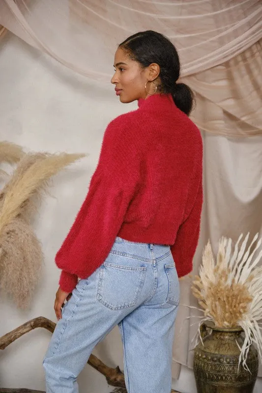 FUZZY PLUNGE NECK LONG SLEEVE SWEATER