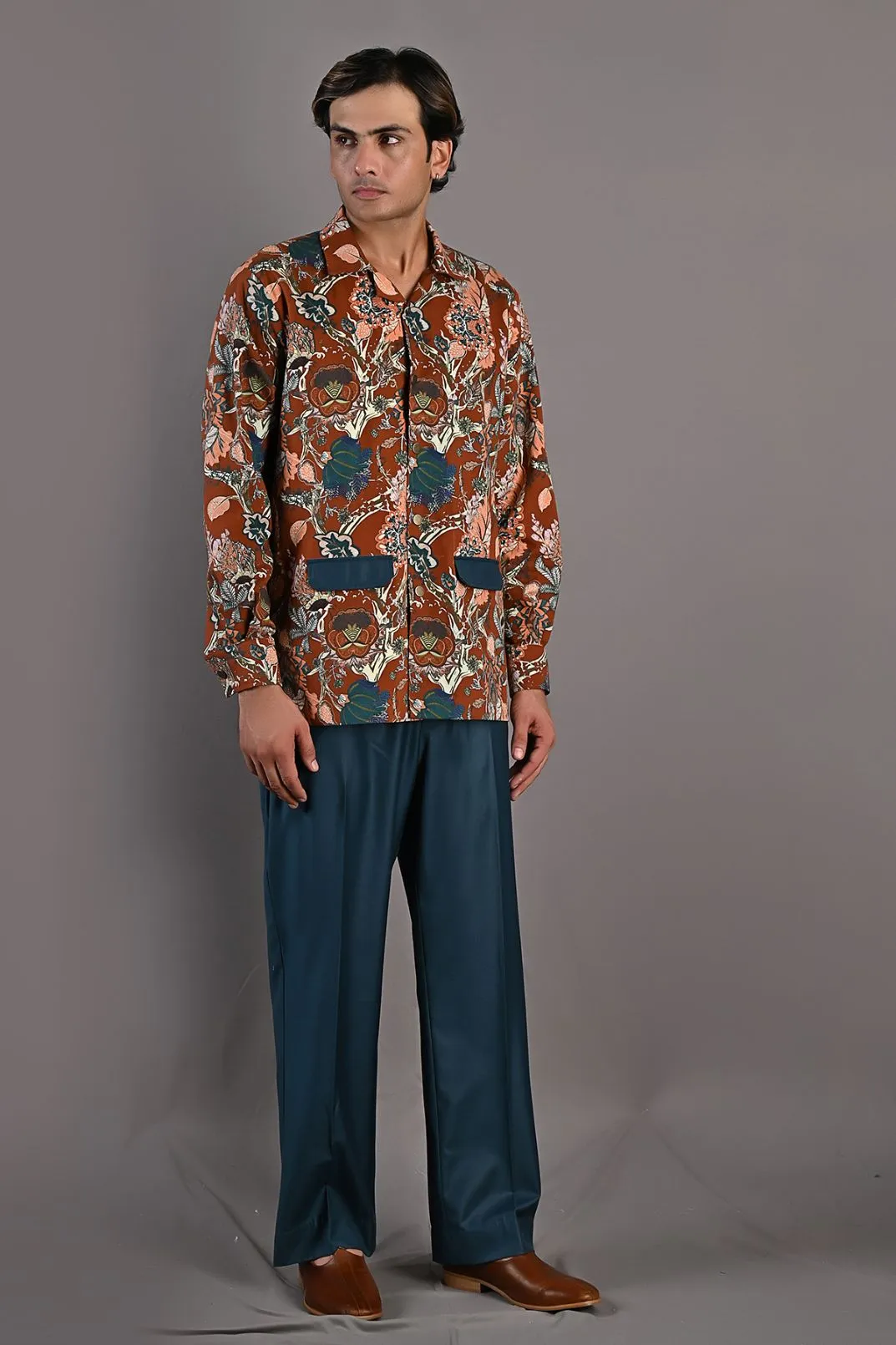 Gabriel - Maroon & Multi Printing Shacket Set With Teal Green Pant