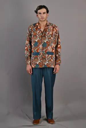 Gabriel - Maroon & Multi Printing Shacket Set With Teal Green Pant