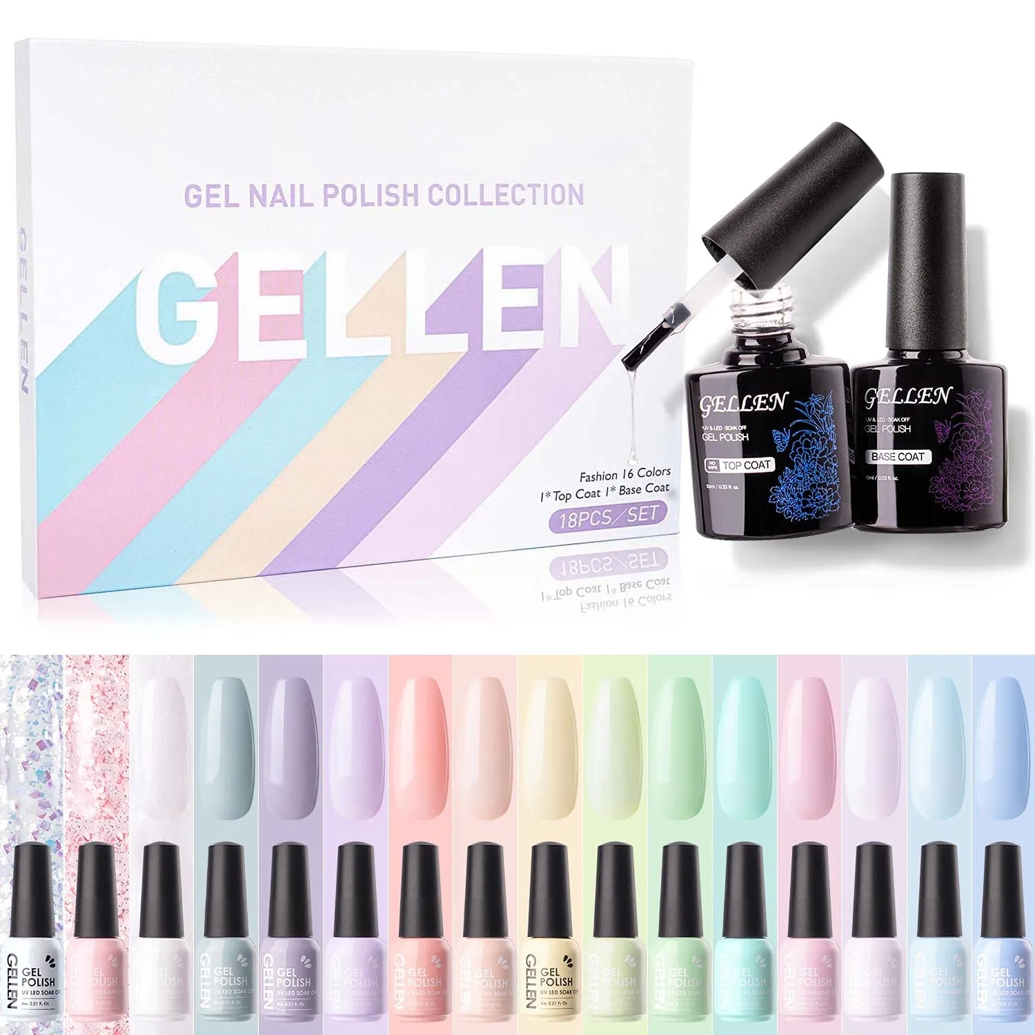 Gellen 16 Colors Gel Nail Polish Kit - With Top&Base Coats, Bright Candy Tones Colorful Vibrant Spring Summer Nail Art Gel Polish Colors Home/Salon Manicure Set