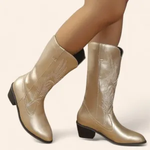 Gold cowboy boots with a pointed black sole and embroidery - N°150