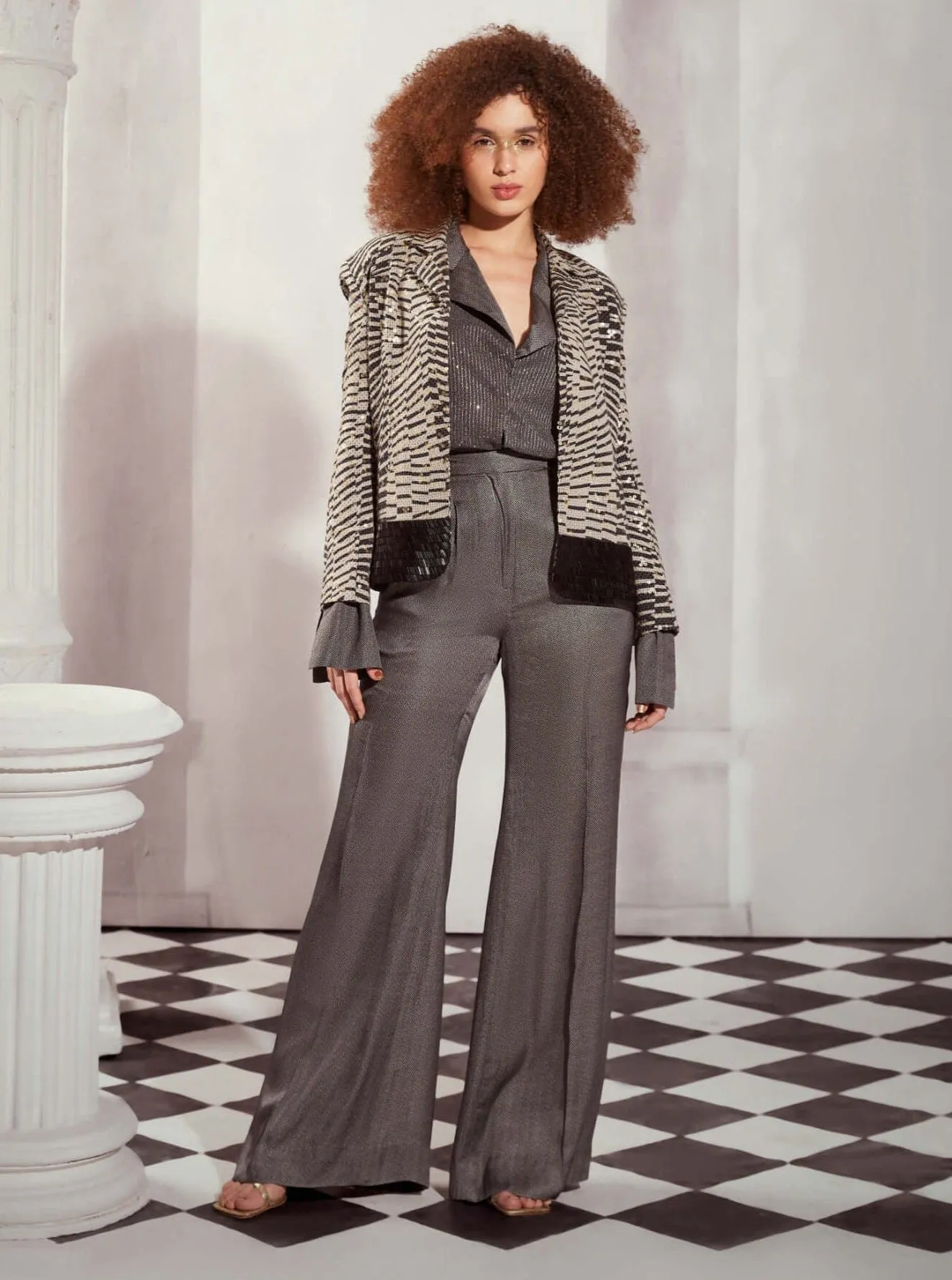 Gray print silk satin pant