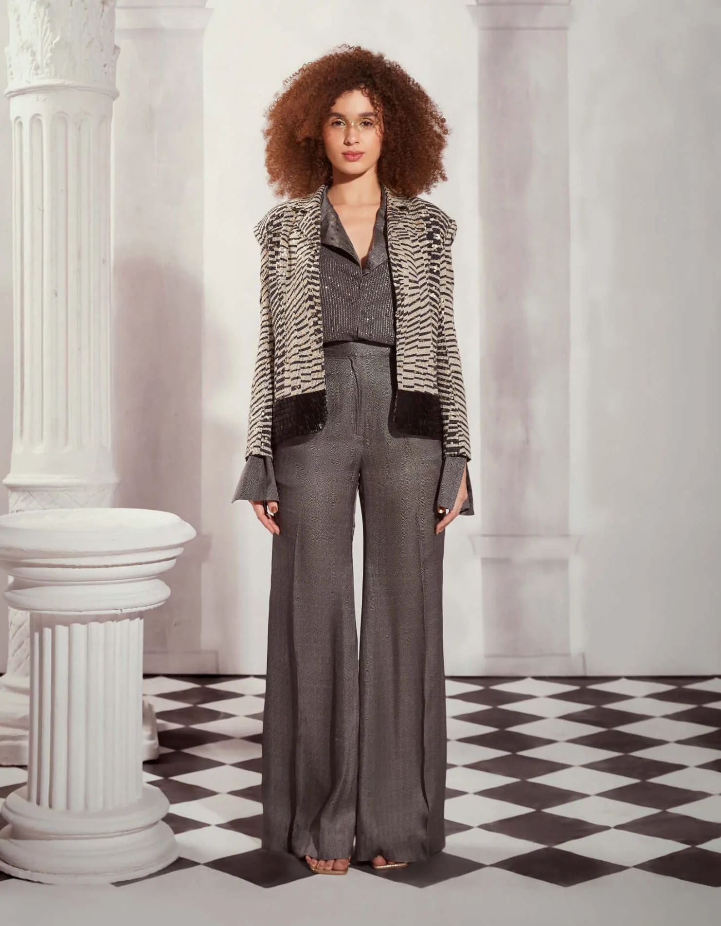 Gray print silk satin pant