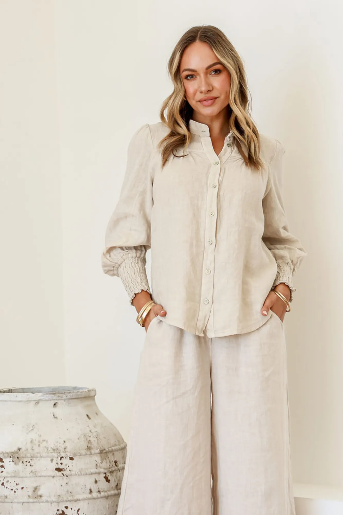 'Greta' Linen Top - Natural