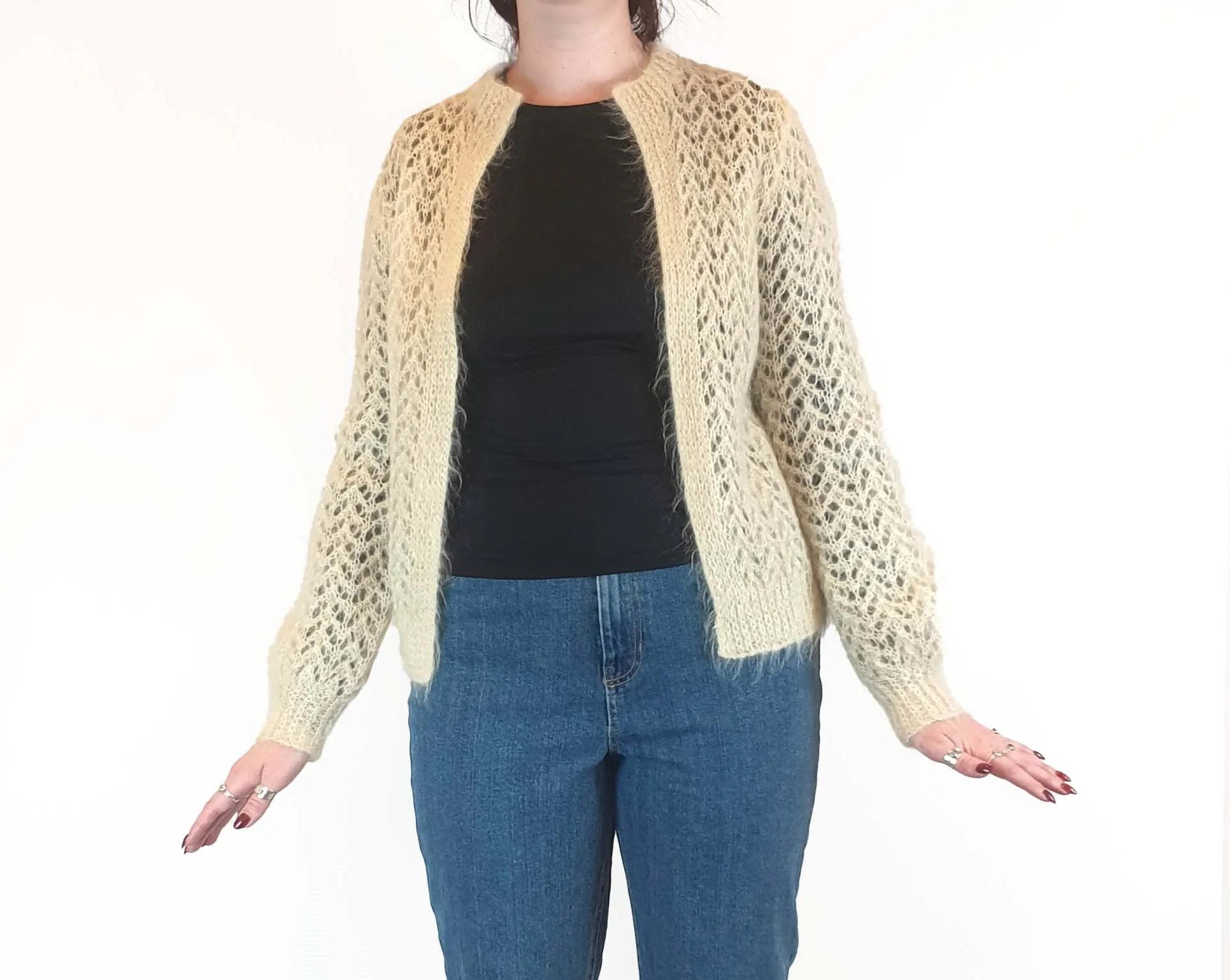 Handmade wool feel cream cardigan fits size 12-14