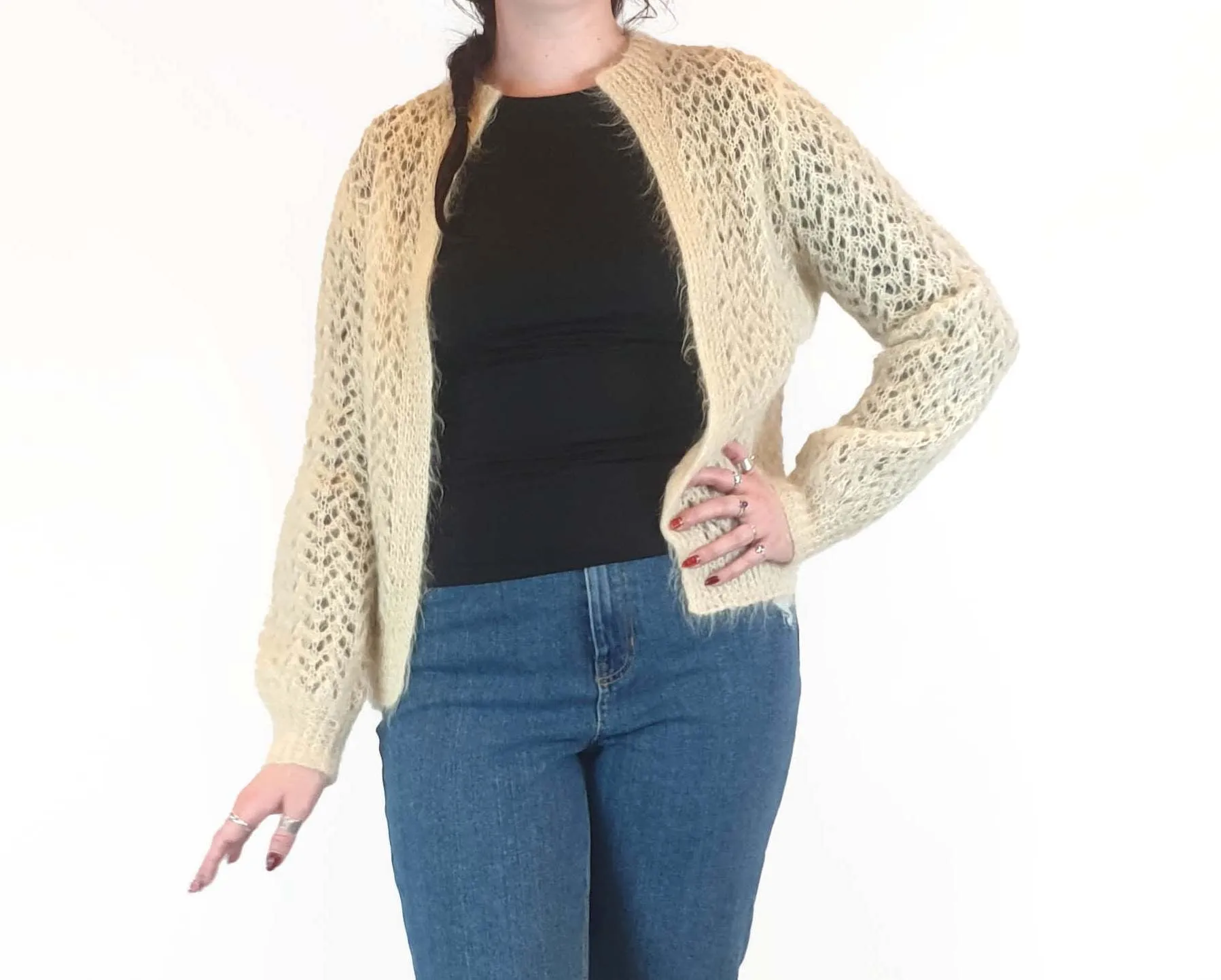 Handmade wool feel cream cardigan fits size 12-14