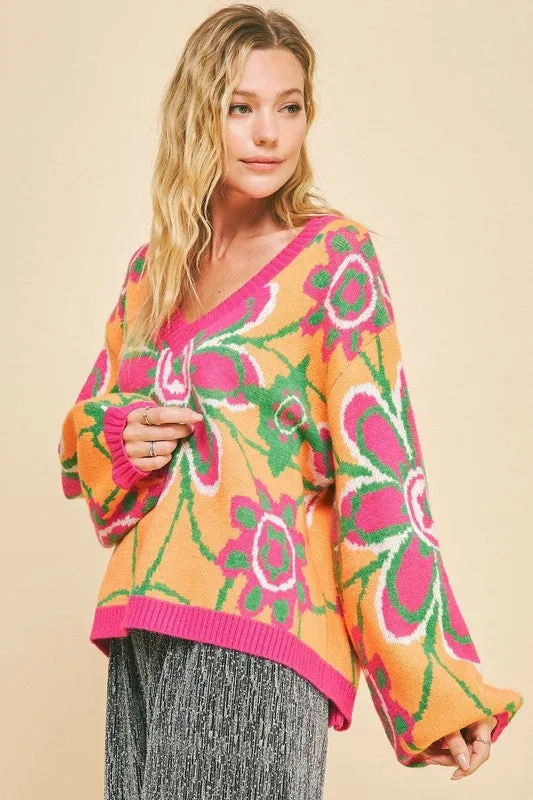 Hazel Blues® |  Davi & Dani Floral Contrast V-Neck Dropped Shoulder Sweater