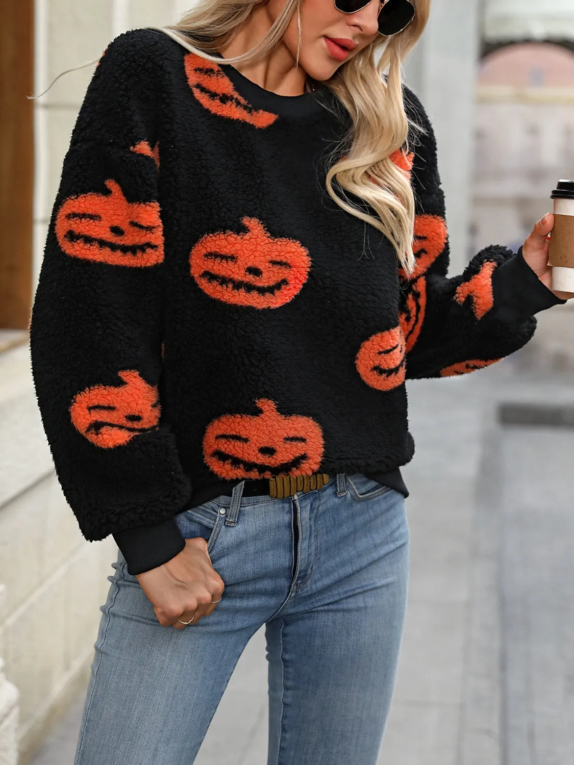 Hazel Blues® |  Fuzzy Pumpkin Round Neck Dropped Shoulder Sweater