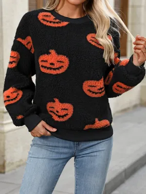 Hazel Blues® |  Fuzzy Pumpkin Round Neck Dropped Shoulder Sweater