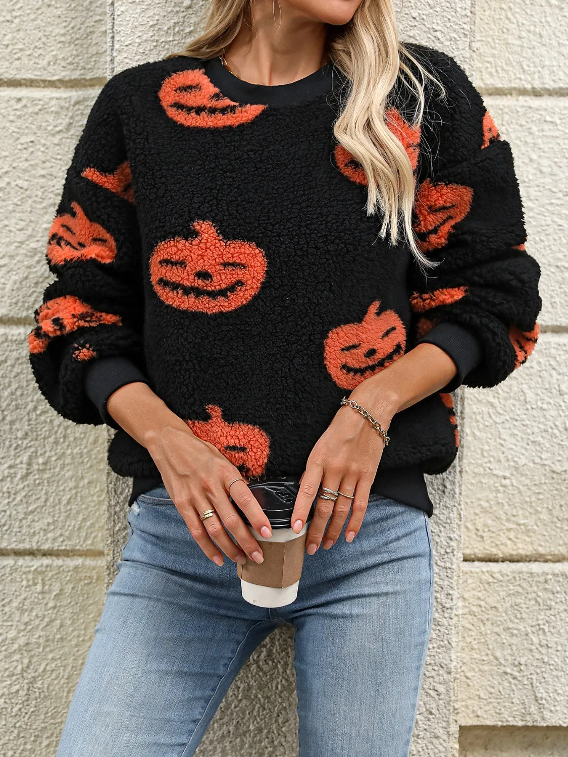 Hazel Blues® |  Fuzzy Pumpkin Round Neck Dropped Shoulder Sweater