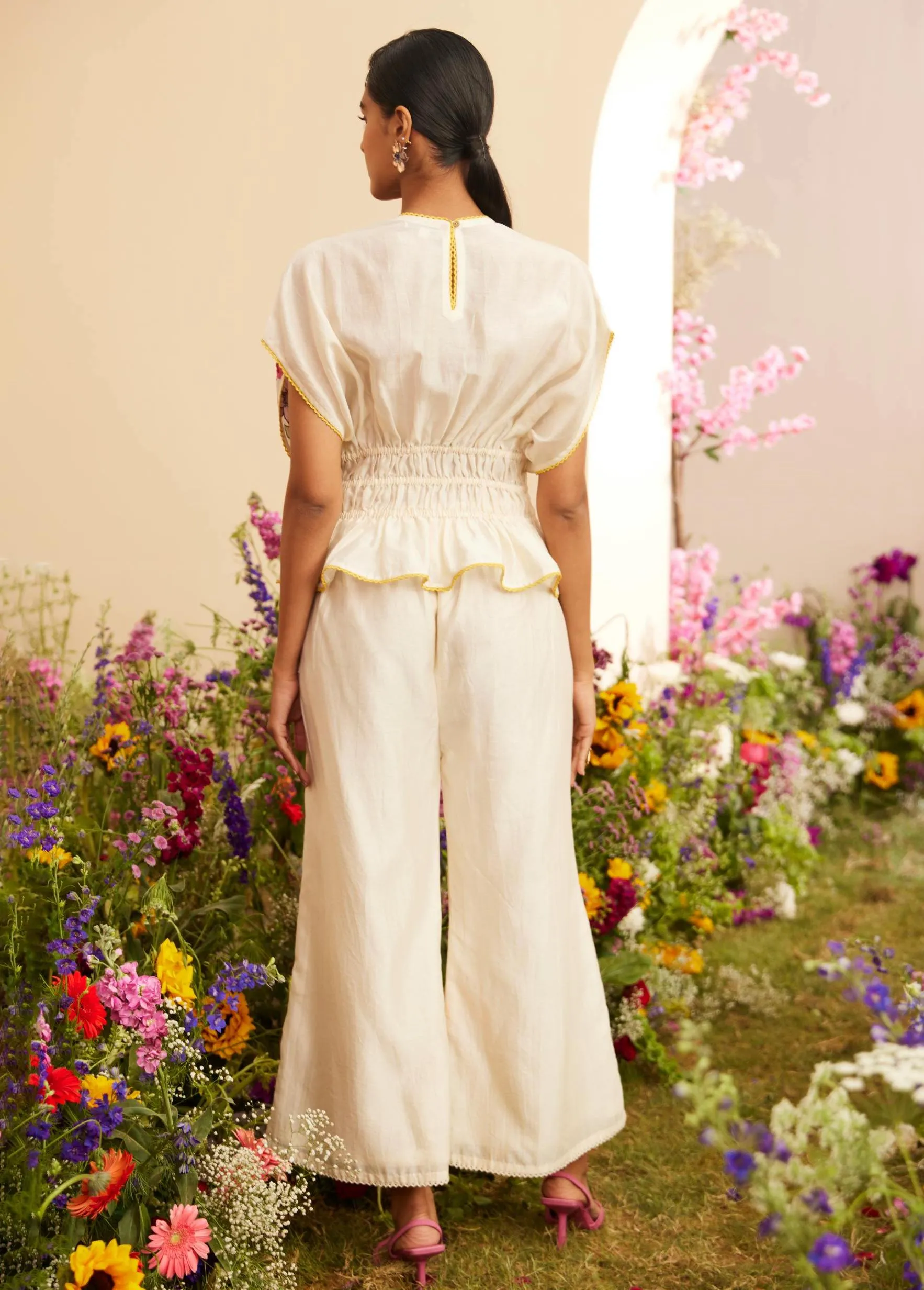 Ivory floral applique pants