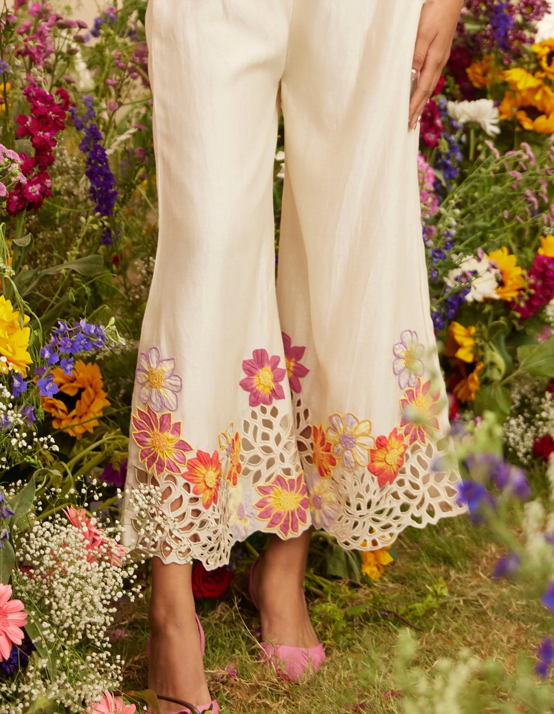 Ivory floral applique pants