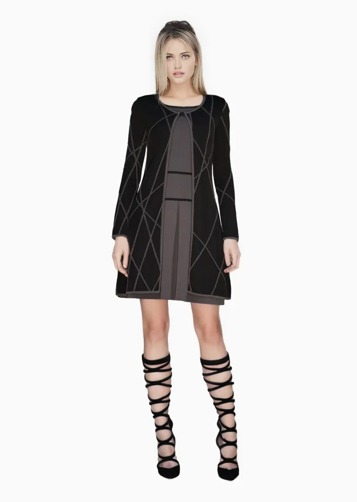 Josephine - Jacquard Knit, Long Black Coat with Grey Linear Design