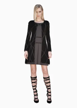 Josephine - Jacquard Knit, Long Black Coat with Grey Linear Design