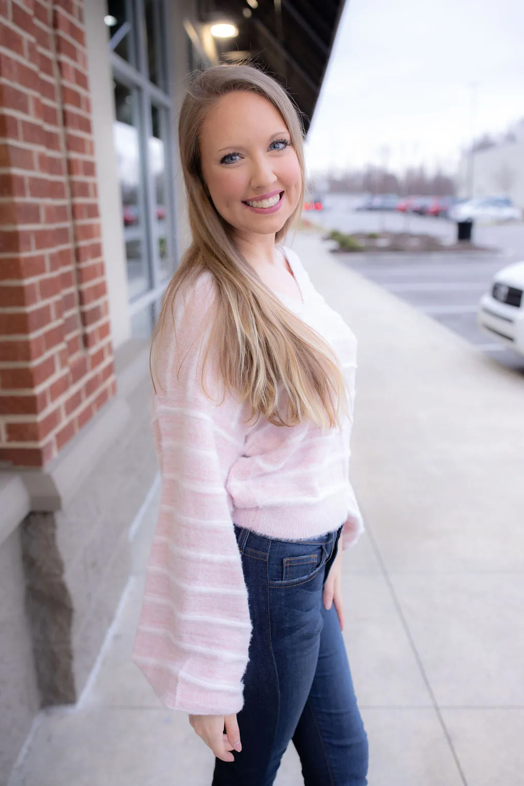 Just Wait Pink Striped Fuzzy Sweater