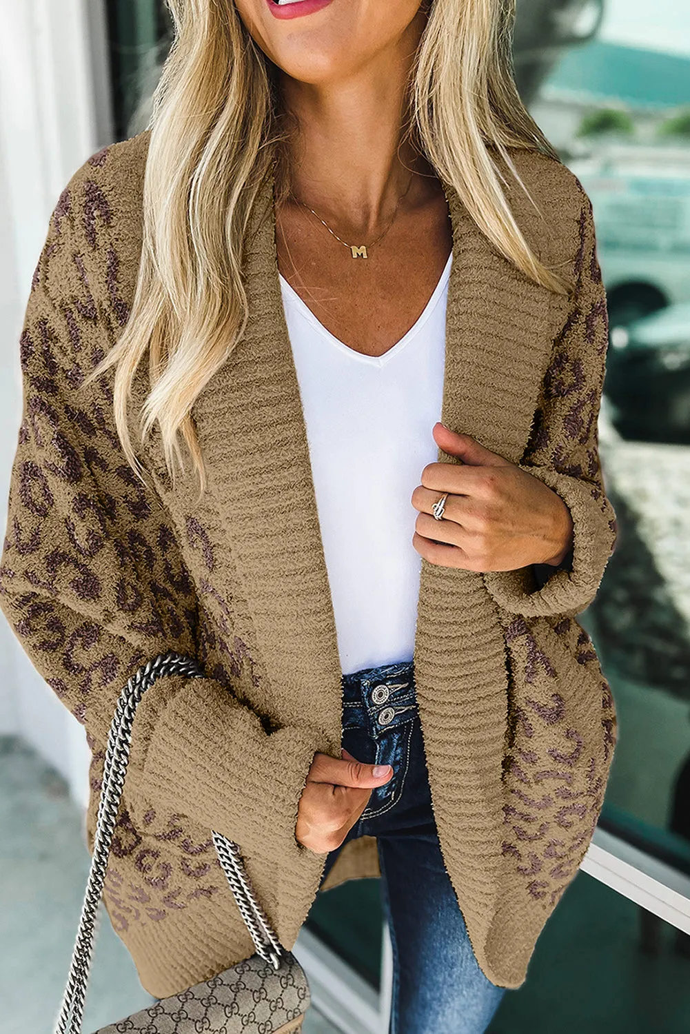 Khaki-2 Fuzzy Leopard Ribbed Trim Lapel Collar Cardigan