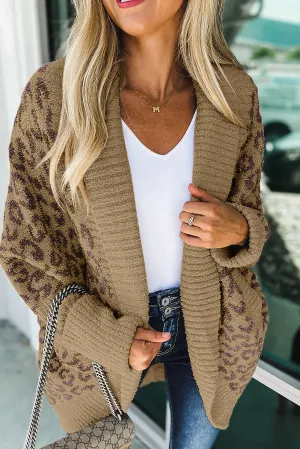 Khaki-2 Fuzzy Leopard Ribbed Trim Lapel Collar Cardigan