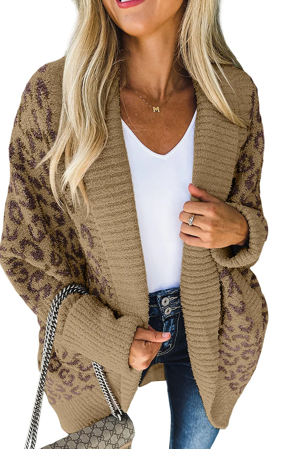 Khaki-2 Fuzzy Leopard Ribbed Trim Lapel Collar Cardigan