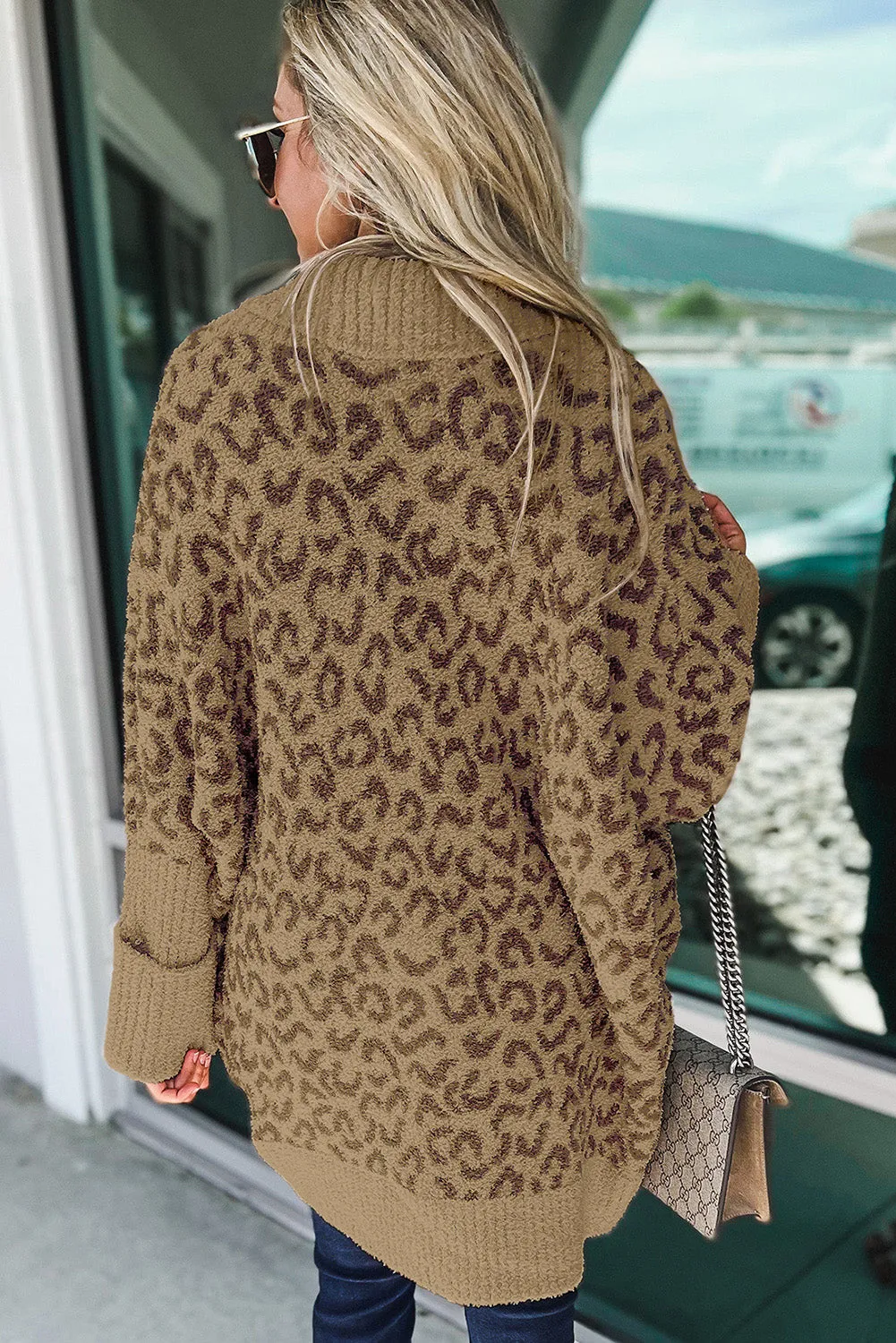 Khaki-2 Fuzzy Leopard Ribbed Trim Lapel Collar Cardigan