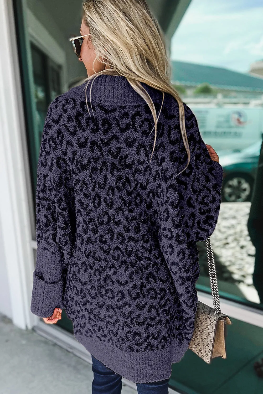 Khaki Fuzzy Leopard Ribbed Trim Lapel Collar Cardigan