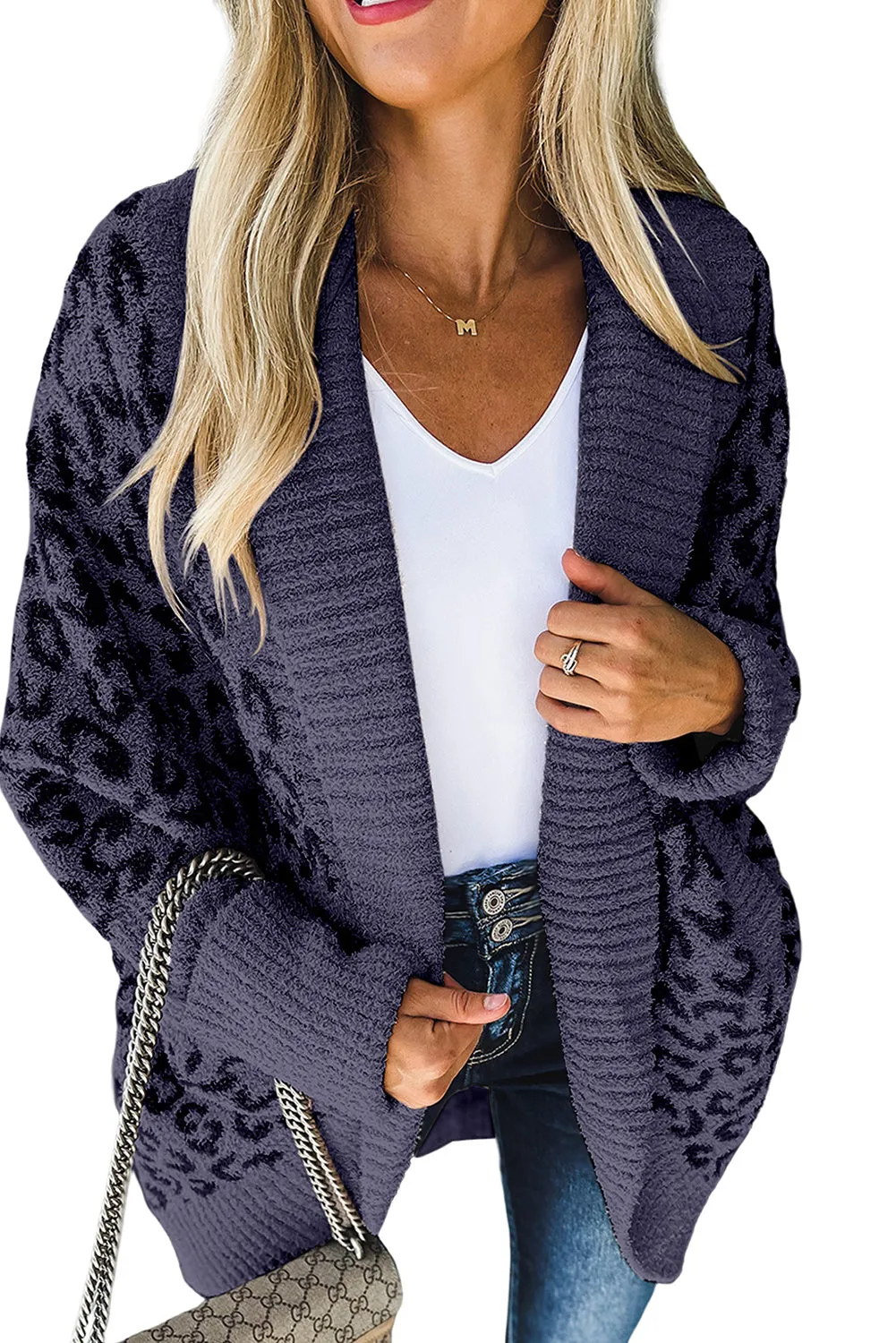 Khaki Fuzzy Leopard Ribbed Trim Lapel Collar Cardigan