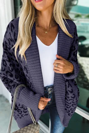 Khaki Fuzzy Leopard Ribbed Trim Lapel Collar Cardigan