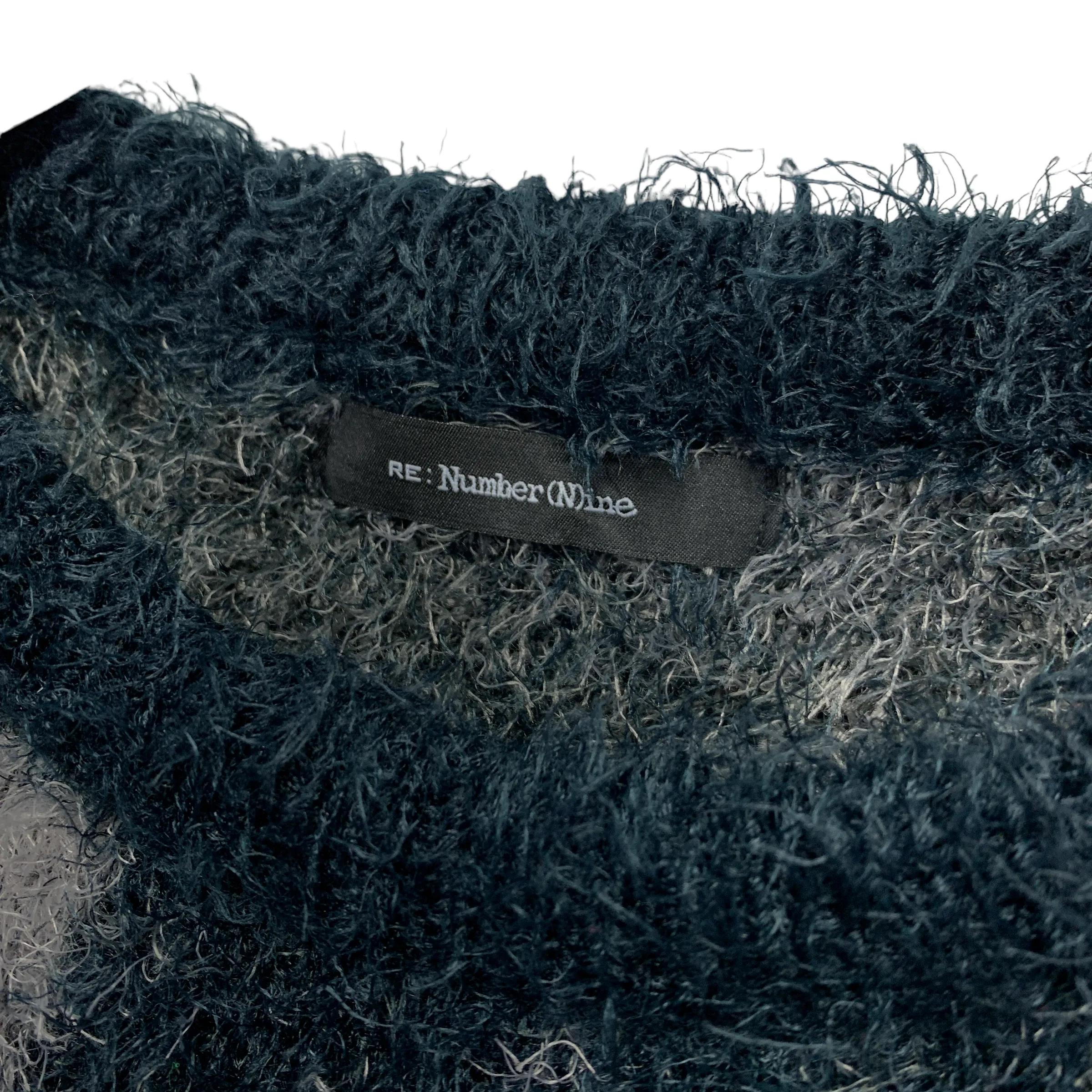 [L] Number Nine Fuzzy Feathery Argyle Oversized Crewneck Sweater Black