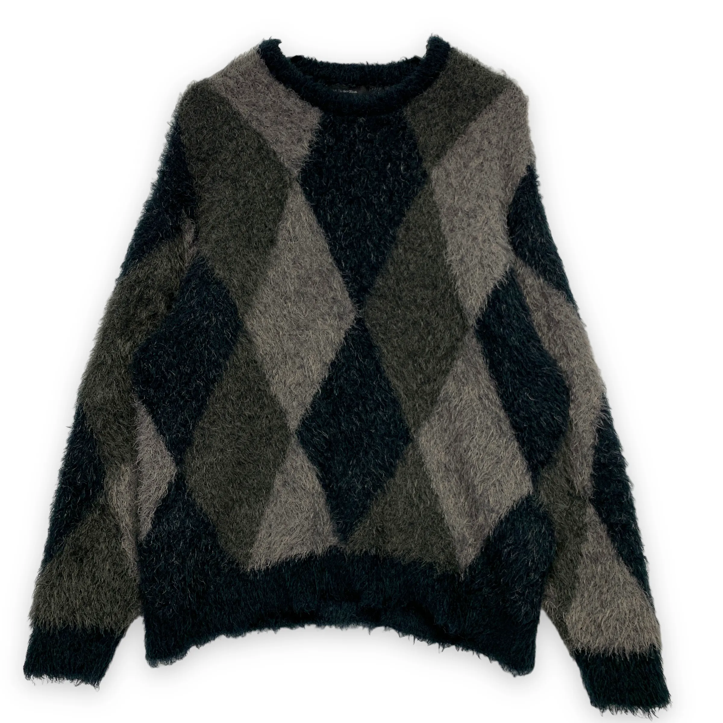 [L] Number Nine Fuzzy Feathery Argyle Oversized Crewneck Sweater Black