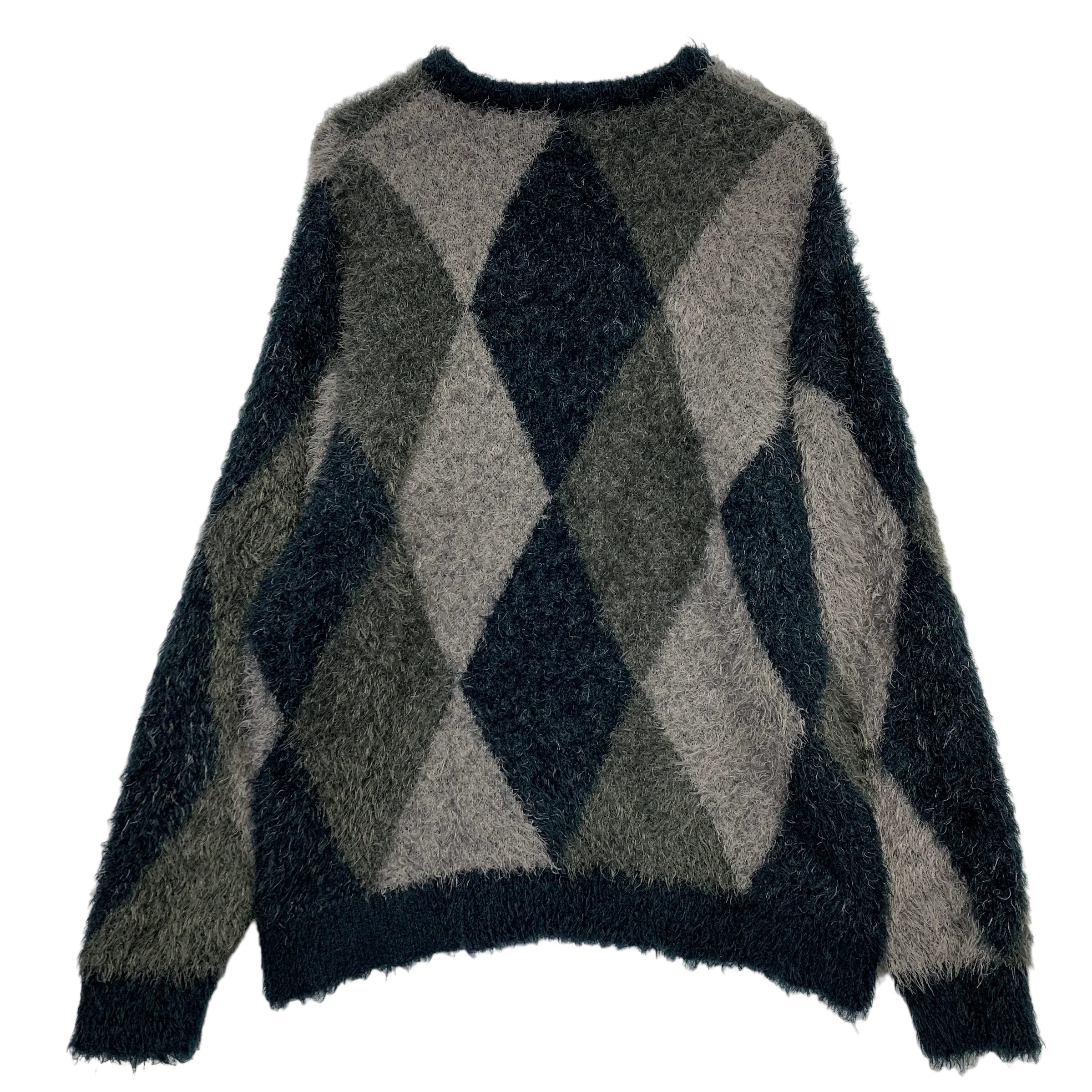 [L] Number Nine Fuzzy Feathery Argyle Oversized Crewneck Sweater Black