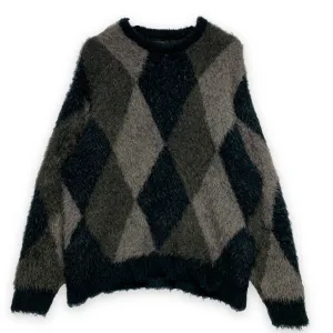 [L] Number Nine Fuzzy Feathery Argyle Oversized Crewneck Sweater Black