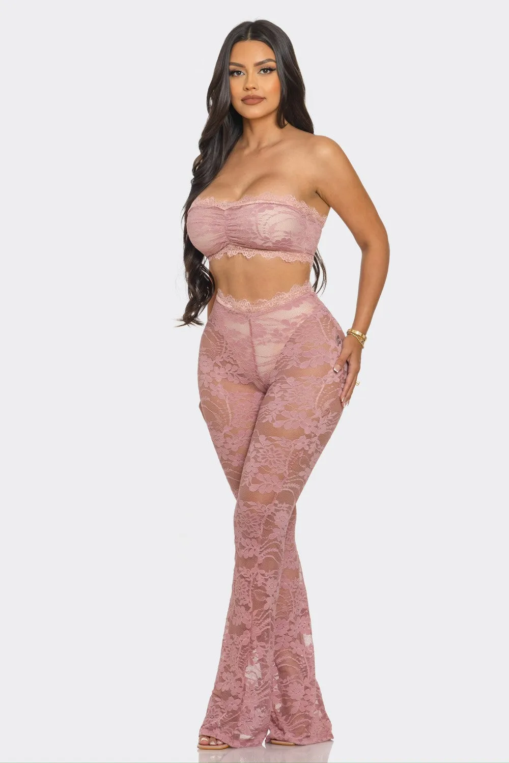 Lace Bandeau and Wide Leg Pant Set