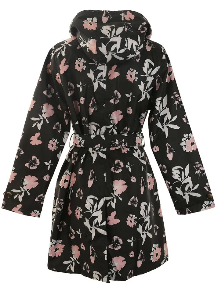 Ladies Butterfly Floral Printed Mid-Length Basic Rain Coat with Removable Hood