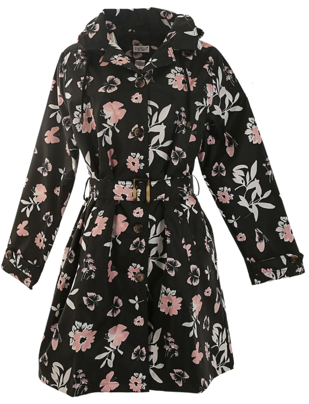 Ladies Butterfly Floral Printed Mid-Length Basic Rain Coat with Removable Hood