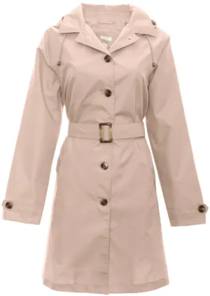 Ladies Solid Dusty Pink Mid-Length Basic Rain Coat with Removable Hood