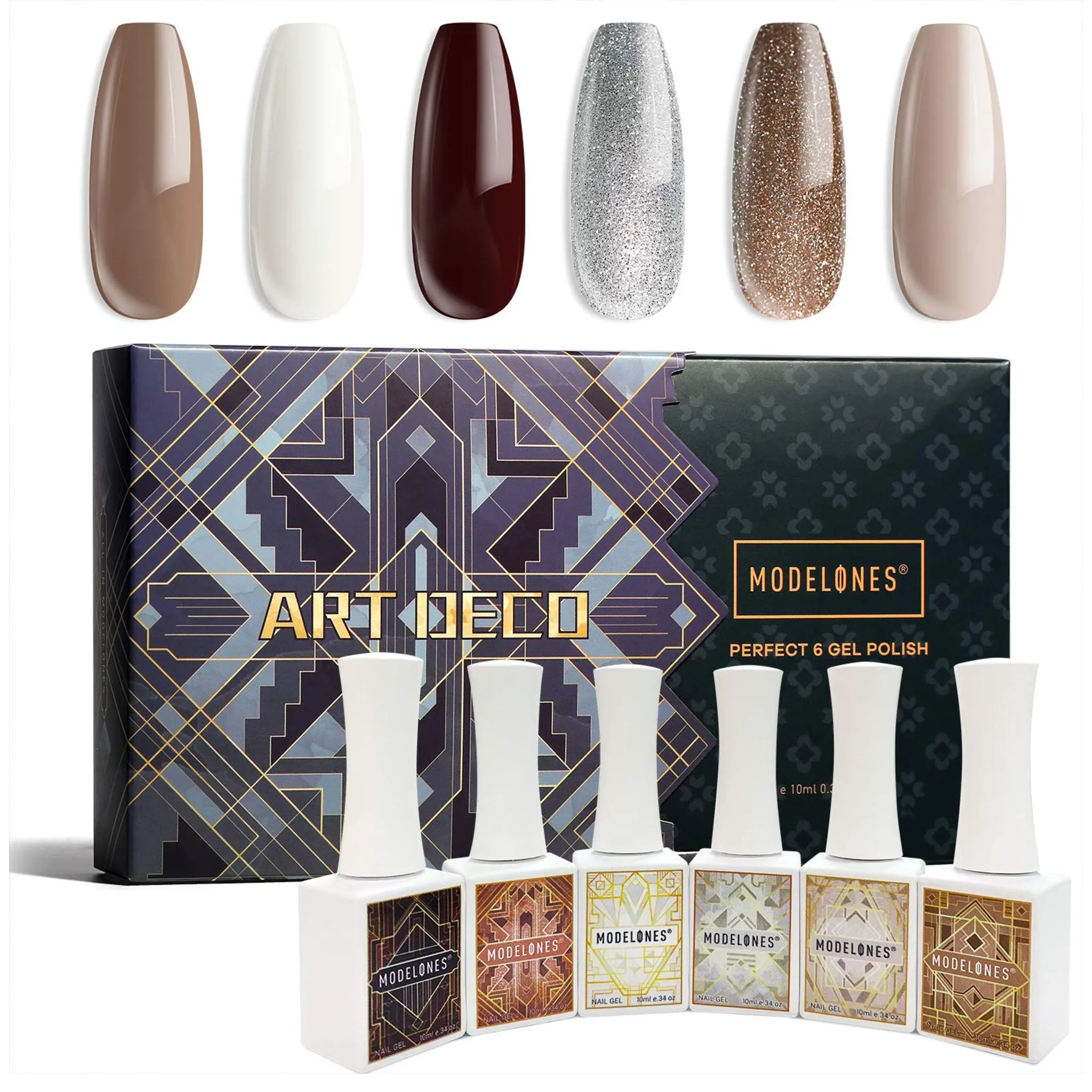 Like New/Unboxed- Modelones Gel Nail Polish- Art Deco White Nude Champagne Gold Silver Burgundy Gel Polish- 6 PCS 10ML Soak Off UV Nail Gel Polish