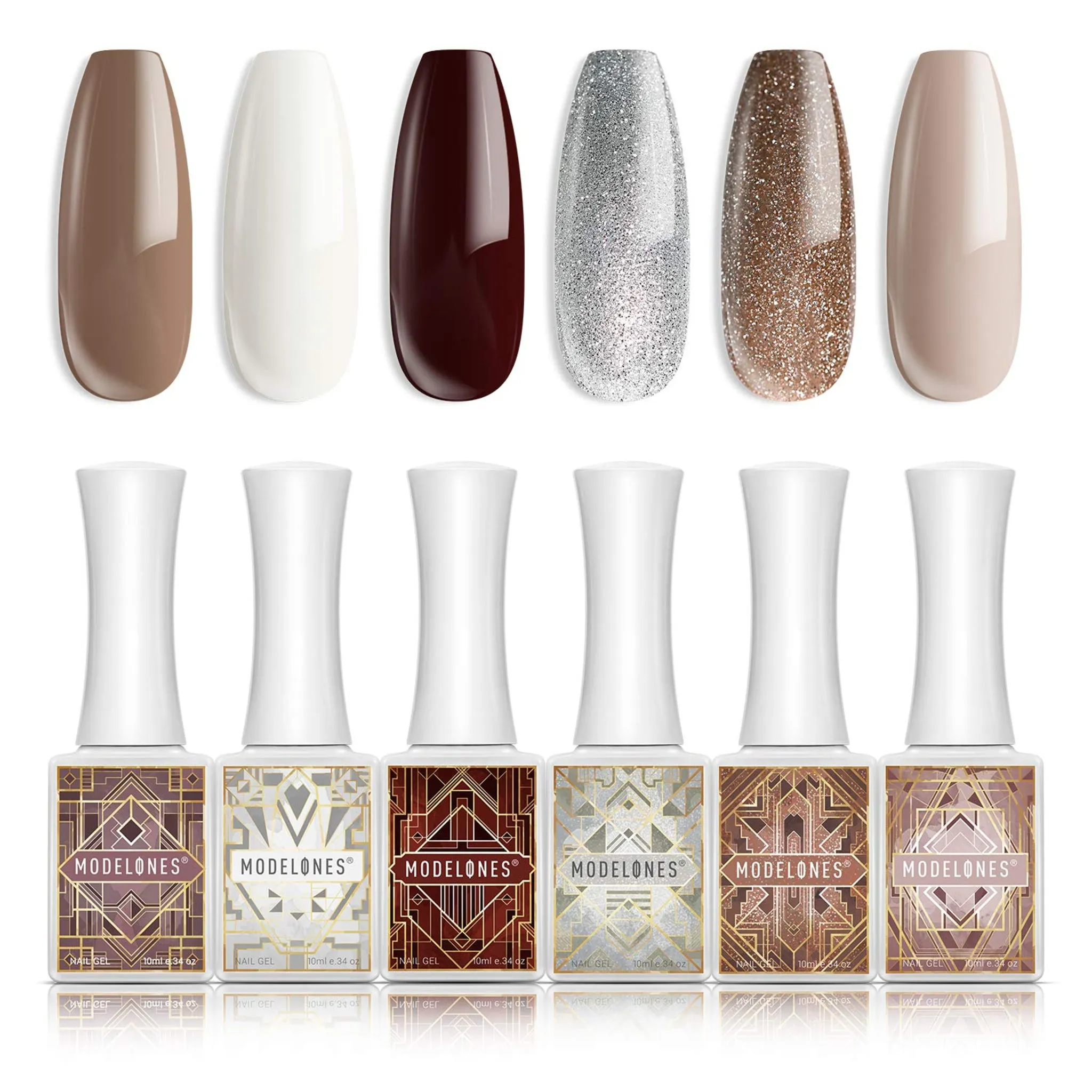 Like New/Unboxed- Modelones Gel Nail Polish- Art Deco White Nude Champagne Gold Silver Burgundy Gel Polish- 6 PCS 10ML Soak Off UV Nail Gel Polish