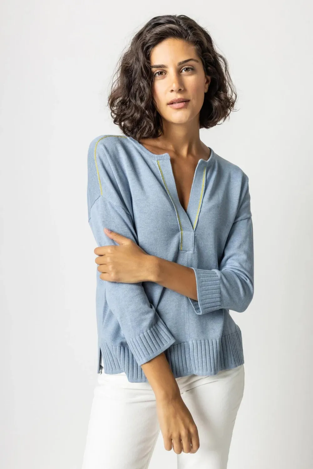 Lilla P 3/4 Sleeve Split Neck Sweater