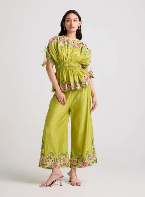 Lime green floral cutwork pants