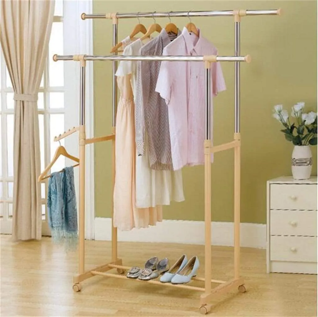 LPYMXCoat Rack Floor Bedroom Drying Rack, Floor-Lift Drying Racks Double-Rod Hangers Adjustable Shelf Racks Stainless Steel castors, Gold