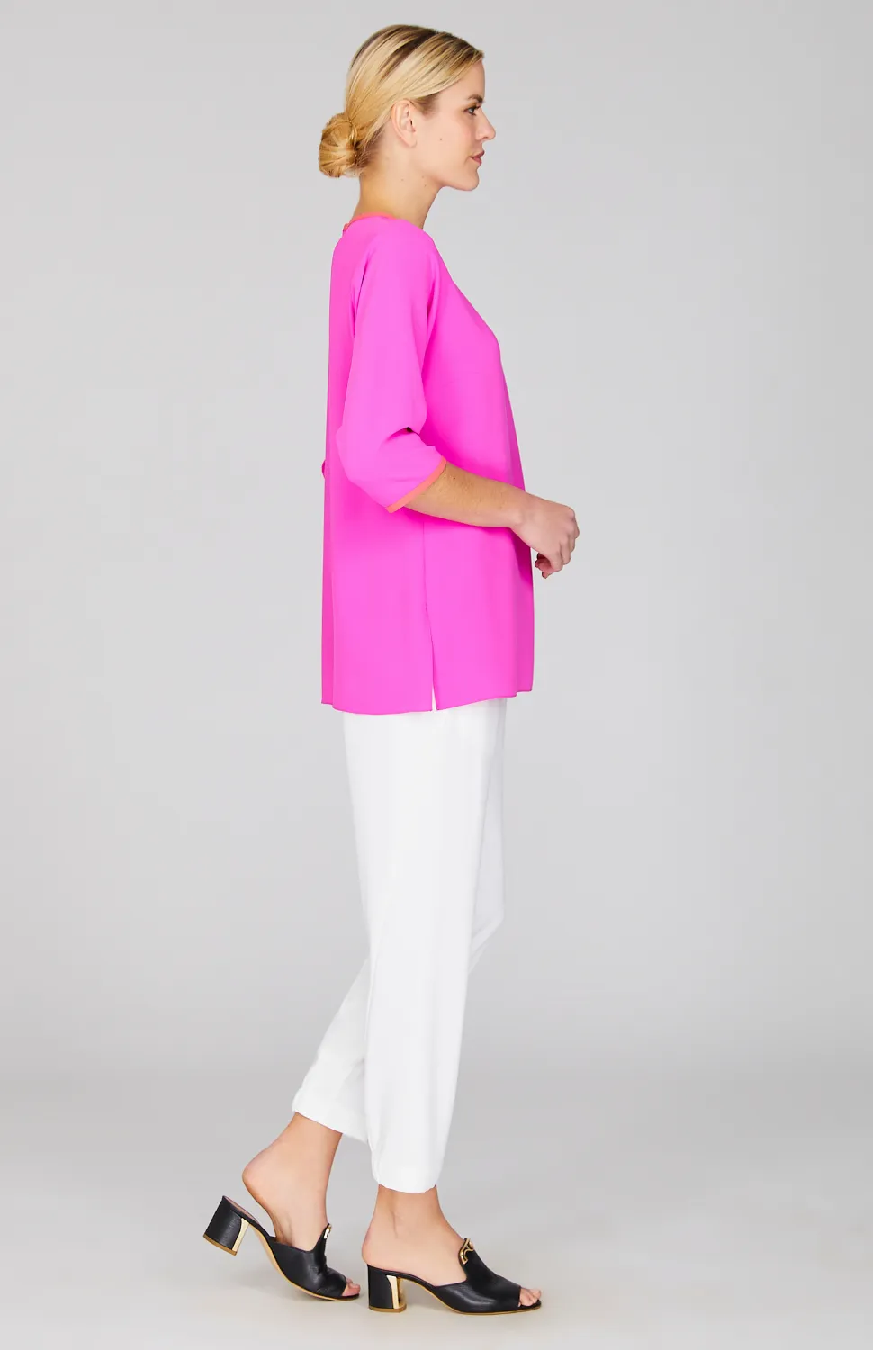 Lustrous Crepe 3/4 Sleeve Blouse w/ Contrast Bias