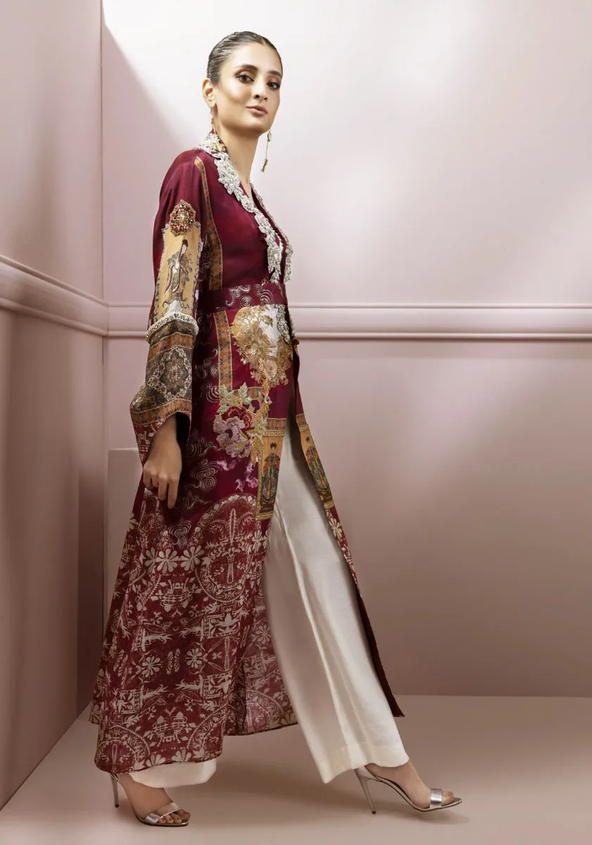 Maroon printed front open jacket