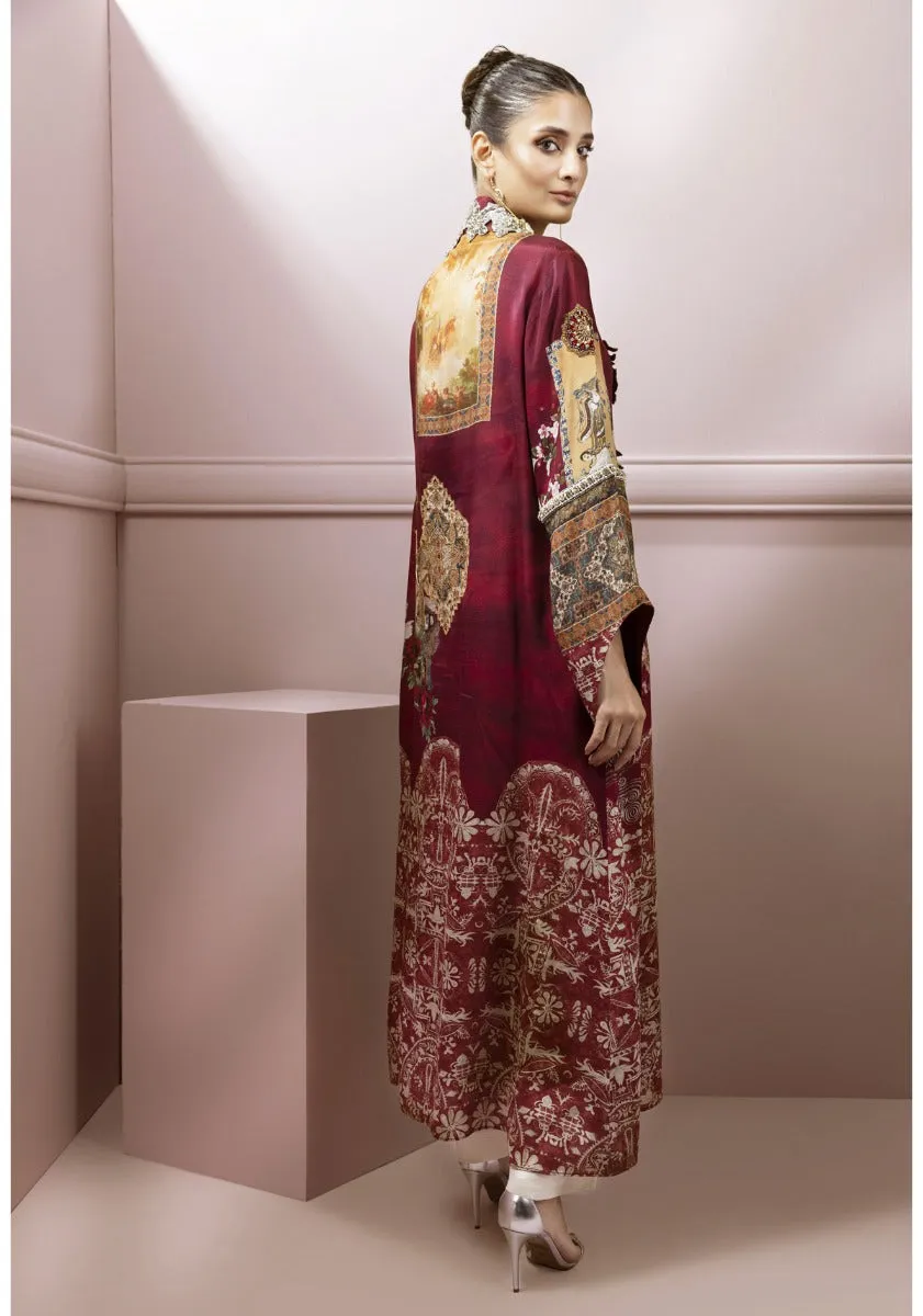 Maroon printed front open jacket