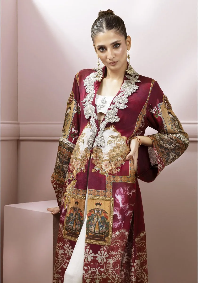 Maroon printed front open jacket