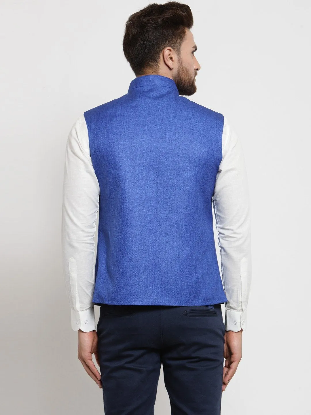 Men Blue Solid Nehru Jacket By Treemoda