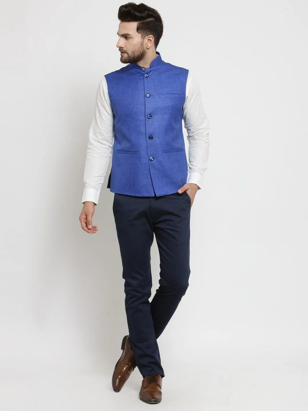 Men Blue Solid Nehru Jacket By Treemoda
