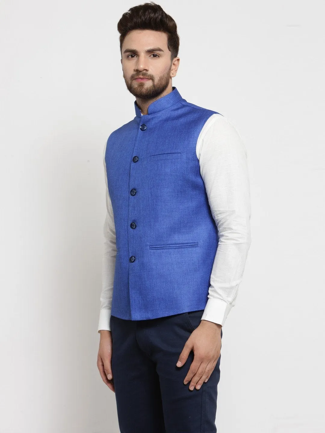 Men Blue Solid Nehru Jacket By Treemoda