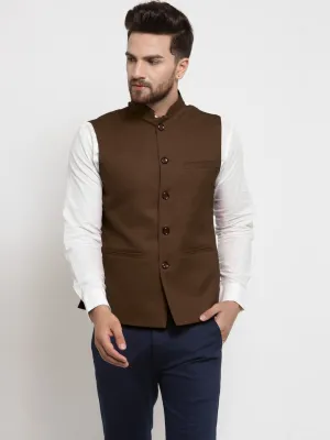 Men Chocolate Brown Solid Nehru Jacket By Treemoda