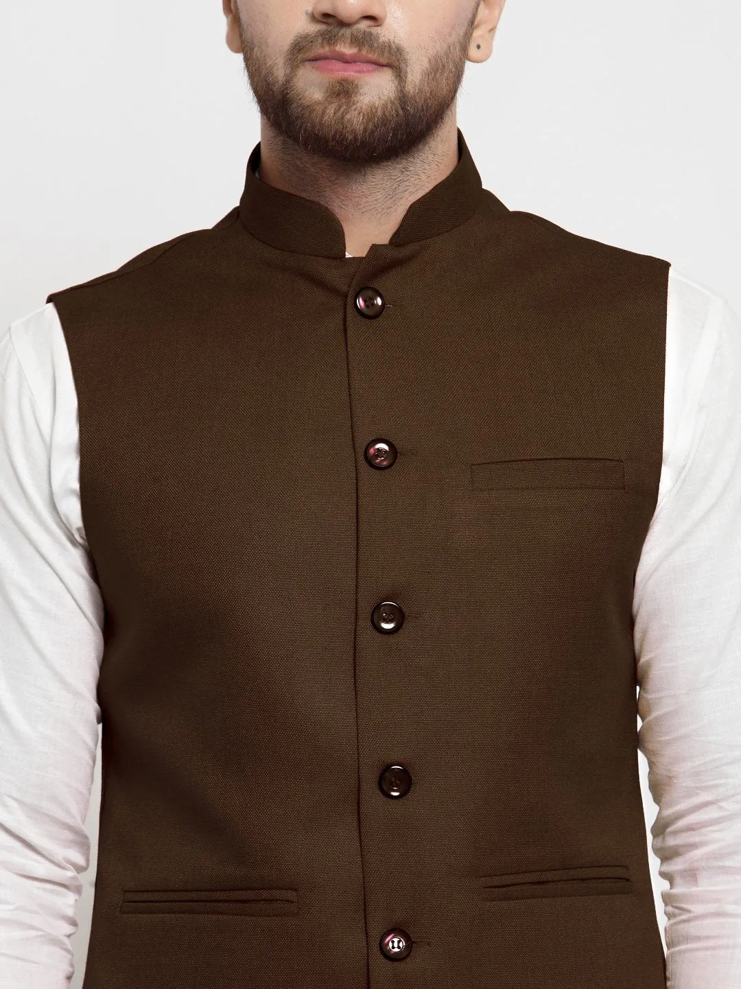 Men Chocolate Brown Solid Nehru Jacket By Treemoda