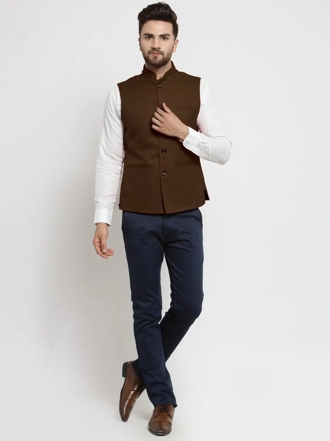 Men Chocolate Brown Solid Nehru Jacket By Treemoda