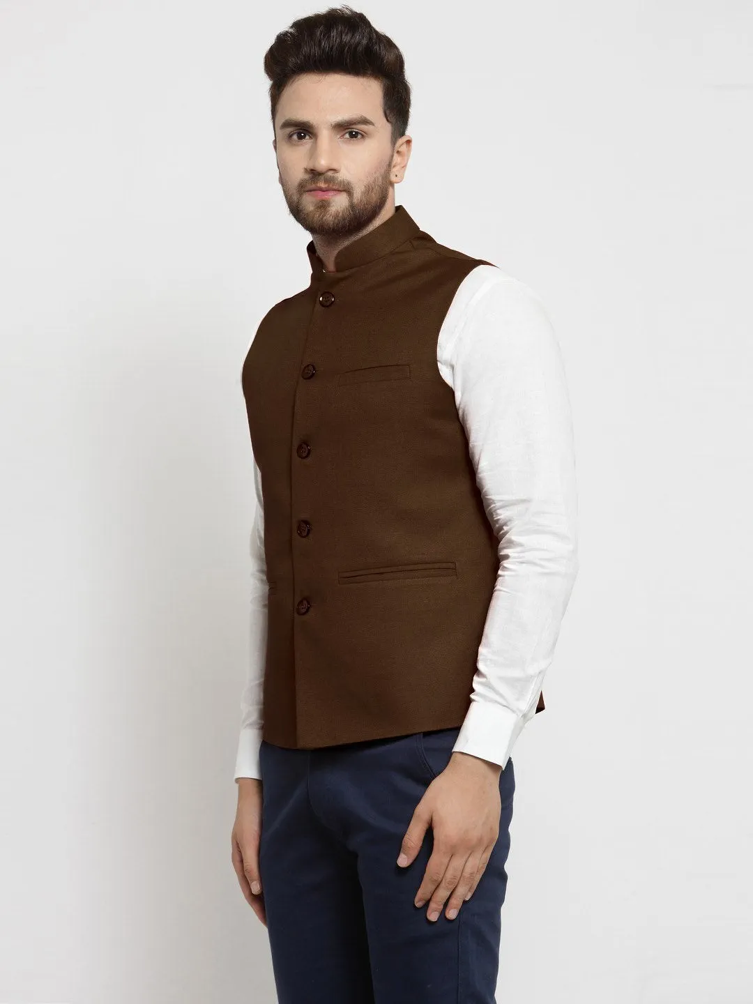 Men Chocolate Brown Solid Nehru Jacket By Treemoda